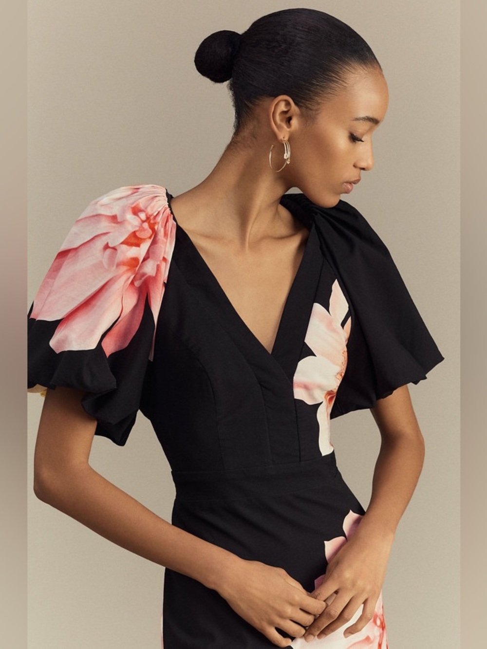 NWT Anthropologie BHLDN V Neck Puff Sleeve Floral Midi Dress with Sublte Stretch - Picture 12 of 13
